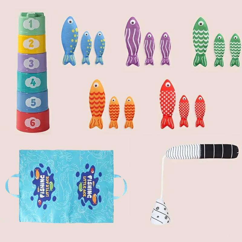 Montessori Fish Toys Cloth Fishing Game for Toddlers 6 to 12 Months Sensory Toy Stacking Cups Number Counting Color Sorting Gift