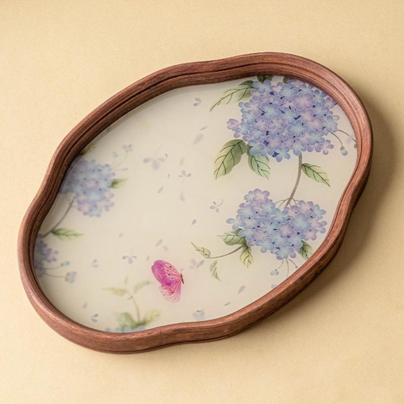 Bamboo and Wooden Tea Tray Home Use Chinese Vintage Hydrangea Glass Tray Tea Set Storage Tray