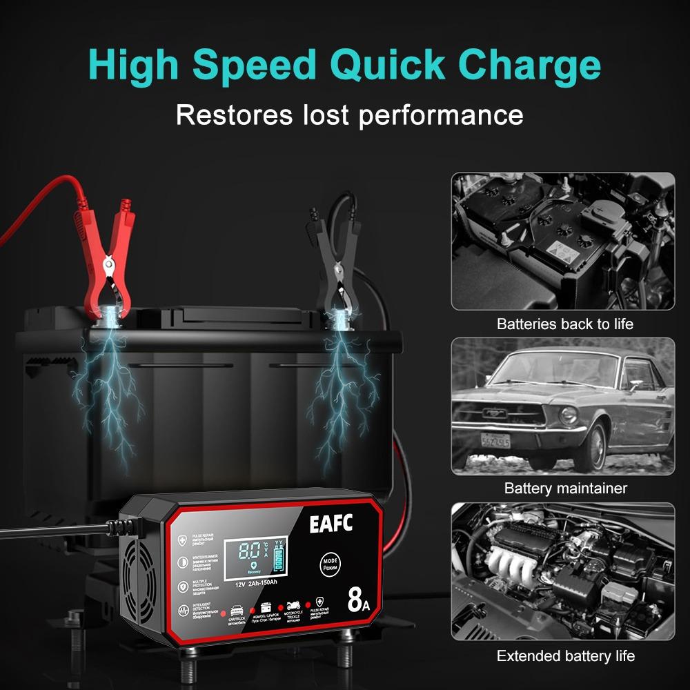 EAFC EU Plug 12V 8A Smart Car Battery Charger with LCD Display, Intelligent Pulse Repair Battery Charger - for Lead-Acid & LiFePO4 Batteries