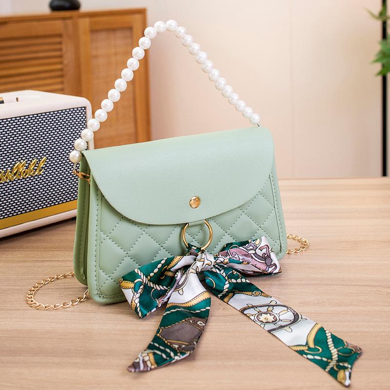 

Pearl portable small square bag versatile silk scarf chain single shoulder messenger women s bag niche светло-зеленый