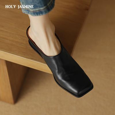 Summer Women Mules Genuine Leather Shoes for Women Cover Toe High Heel Slippers Concise Square Toe Strange Heel Women Sandals