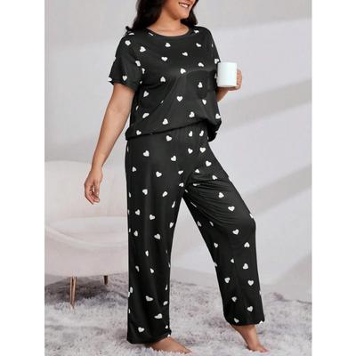 Women's Fashion Casual Summer Spring Love Letter Print Short Sleeve O-Neck Trousers Pants Suits