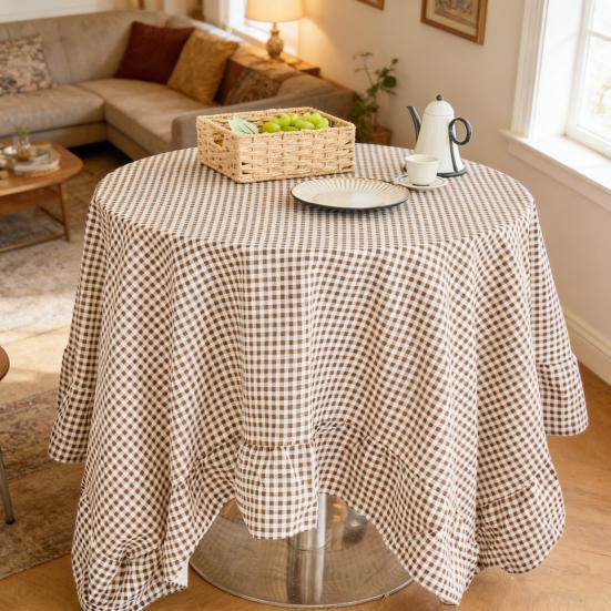 Tablecloth Farmhouse Style Plaid Pattern Ruffled Edge Tablecloth Round Shape Soft Cotton Linen Fabric Cloth Table Cover