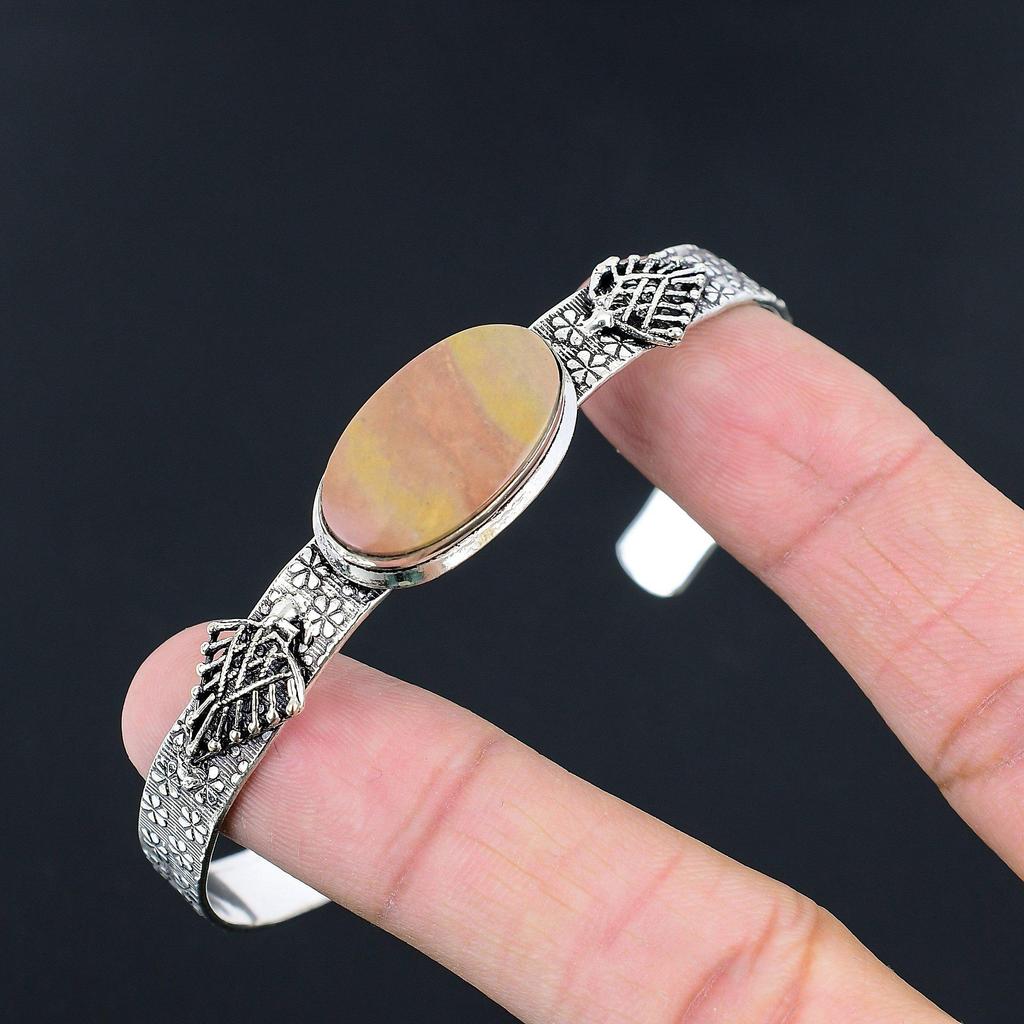 Sterling Silver Oval Landscape Jasper Gemstone Ethnic Unique Trendy Wife Bangle