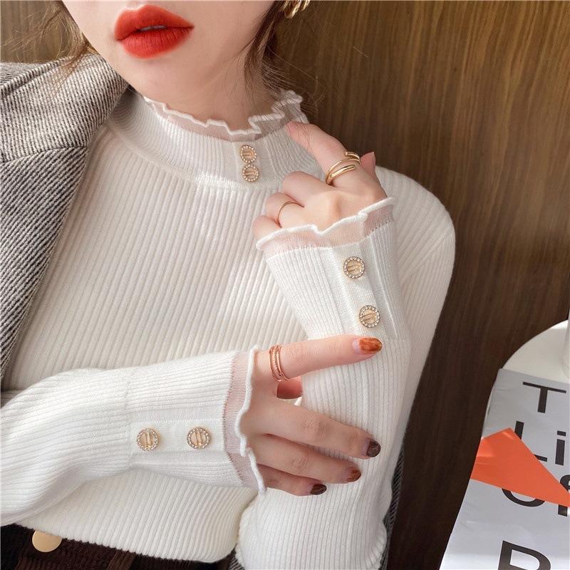 White Knitted Bottoming Shirt Women's Spring Autumn and Winter Fashion Inner Lace Semi-turtleneck Sweater Versatile Slim Top