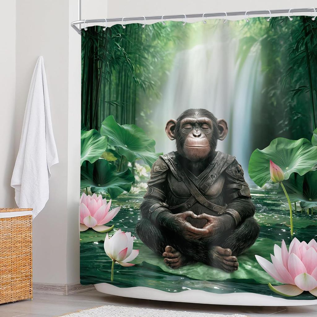 Funny Monkey Shower Curtain Meditation Zen Spirit Animal Chimpanzee Lotus Leaves Plant Bamboo Nature Bathroom Modern Waterproof