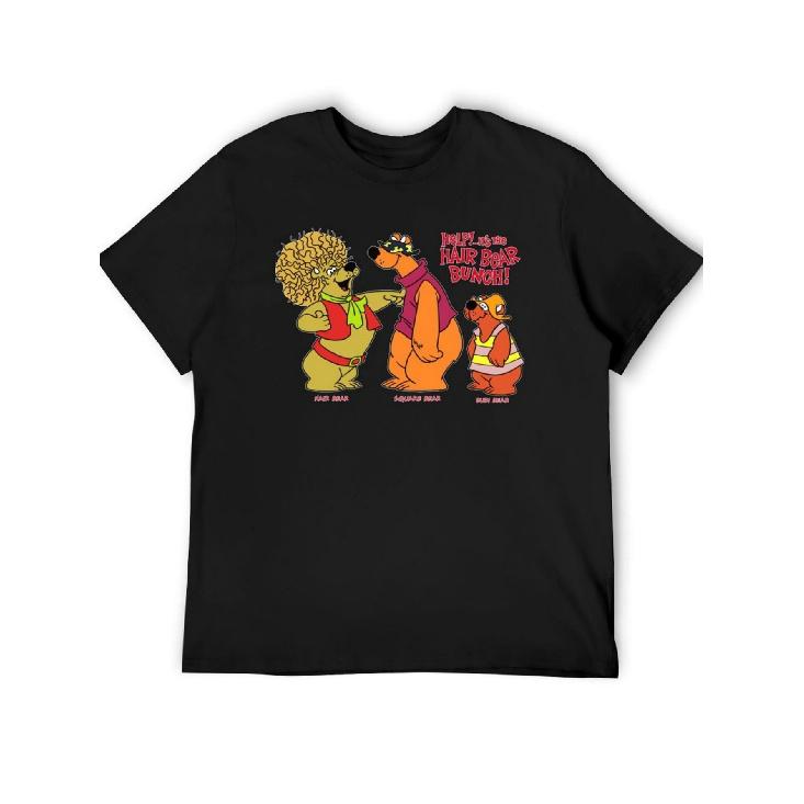 [Retro Cartoon Tee] Men S Retro 70S Hair Bear Bunch Graphic Tee - Nostalgic Cartoon Print Featuring Freddie, Teddy, And Friends - Soft, Breathable S чёрный
