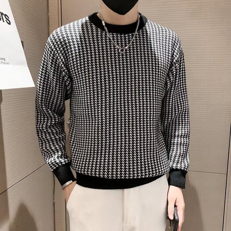 

Чоловічий приталений в язаний светр з круглим вирізом у візерунок «гусяча лапка» - Модний пуловер з довгим рукавом у корейському стилі Large