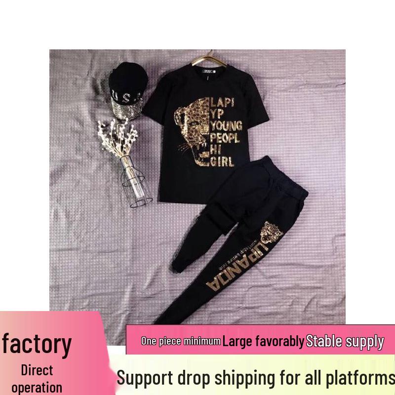 2024 Plus Size Women's Summer Stylish Two-Piece Set with Hot Drill Detailing