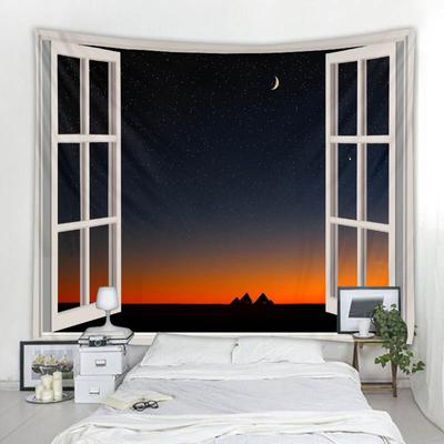 Landscape Illustration Tapestry Starry Sky Outside the Window Wall Hanging Bohemian Hippie Home Decoration Printed Bed Sheet