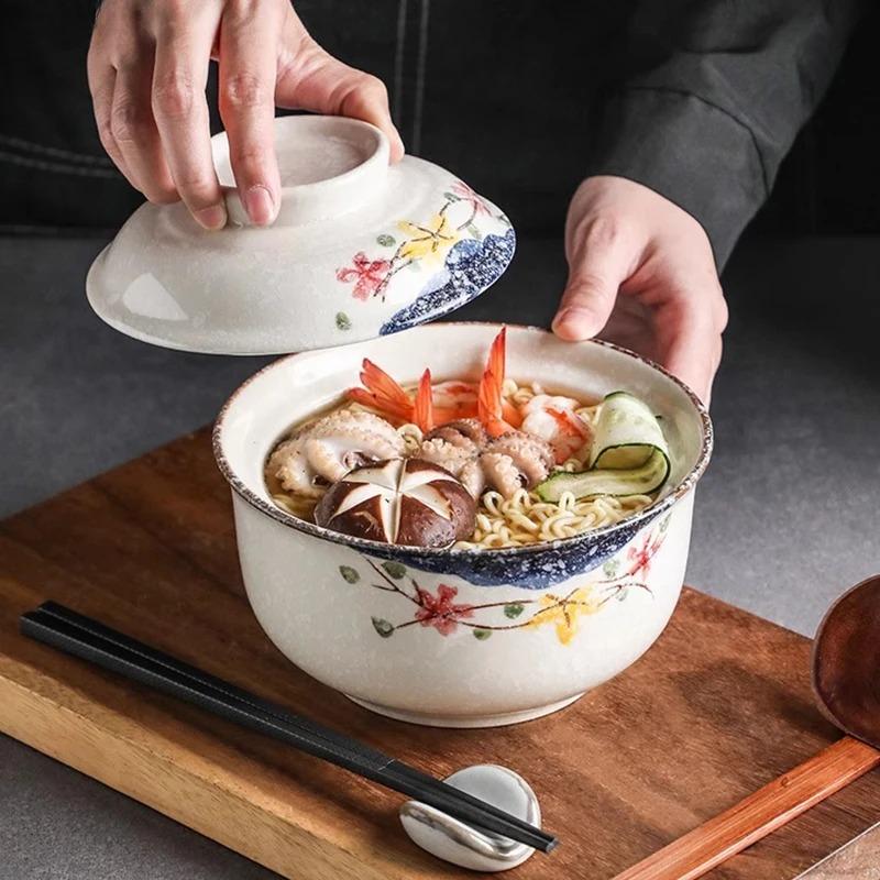 Japanese Ceramic with Lid Soup Ramen Bowl Dessert Snack Large Capacity Service Bowls Restaurant Tableware