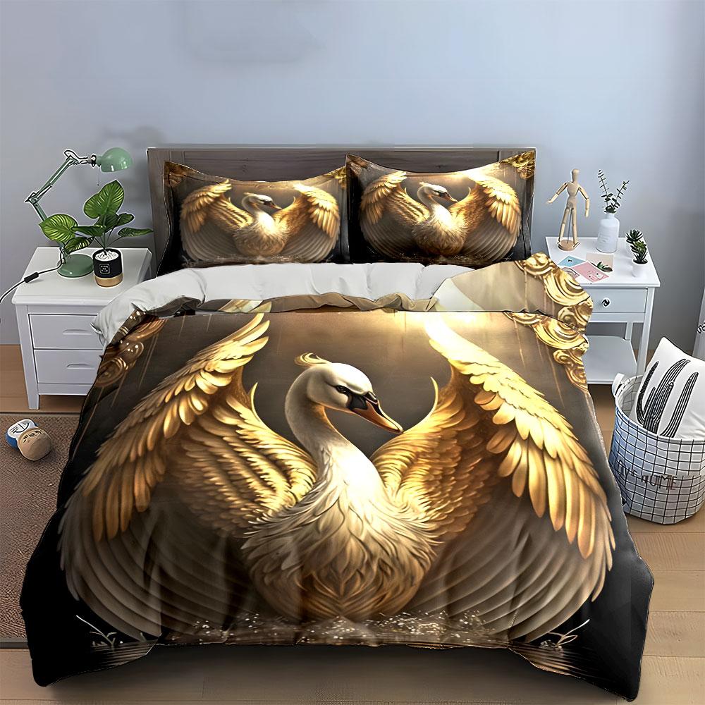 Goldener Schwan Dekoration Set - Elegantes Display Hautfreundliches Bettwäsche Set Beinhaltet 1 Bettbezug Und 2 Kissenbezüge Geschenk