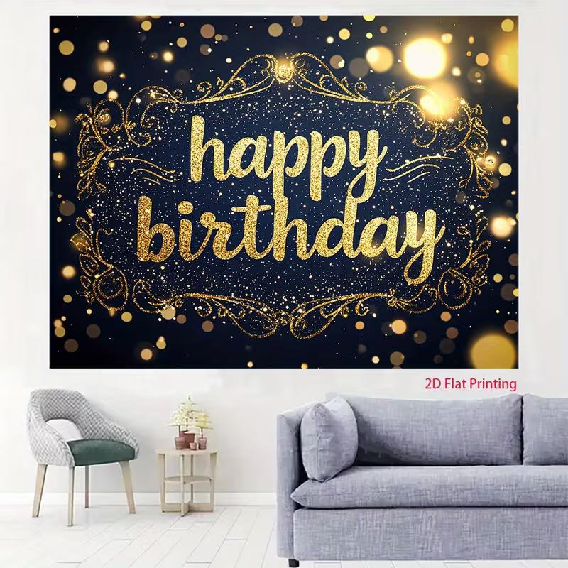 2D Elegant Navy Blue Happy Birthday Backdrop with Gold Glitter Letters and Bokeh Photography Background