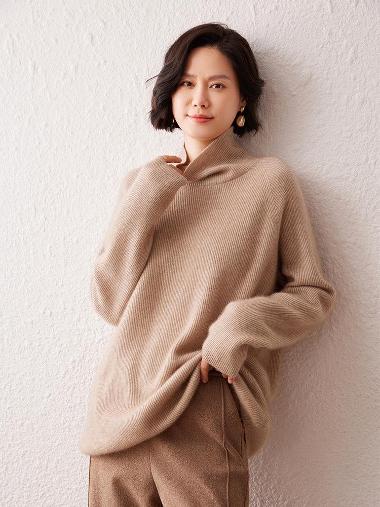 Women's High Neck Cashmere Sweater - 2026 Autumn/Winter Ribbed Knit, Simple Loose Fit, Slimming & Warm