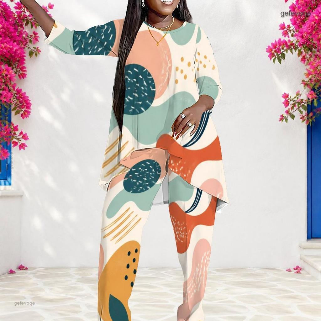 Women Plus Size Round Neck Printed Long Sleeve Layered Top Long Pants Two Piece Set