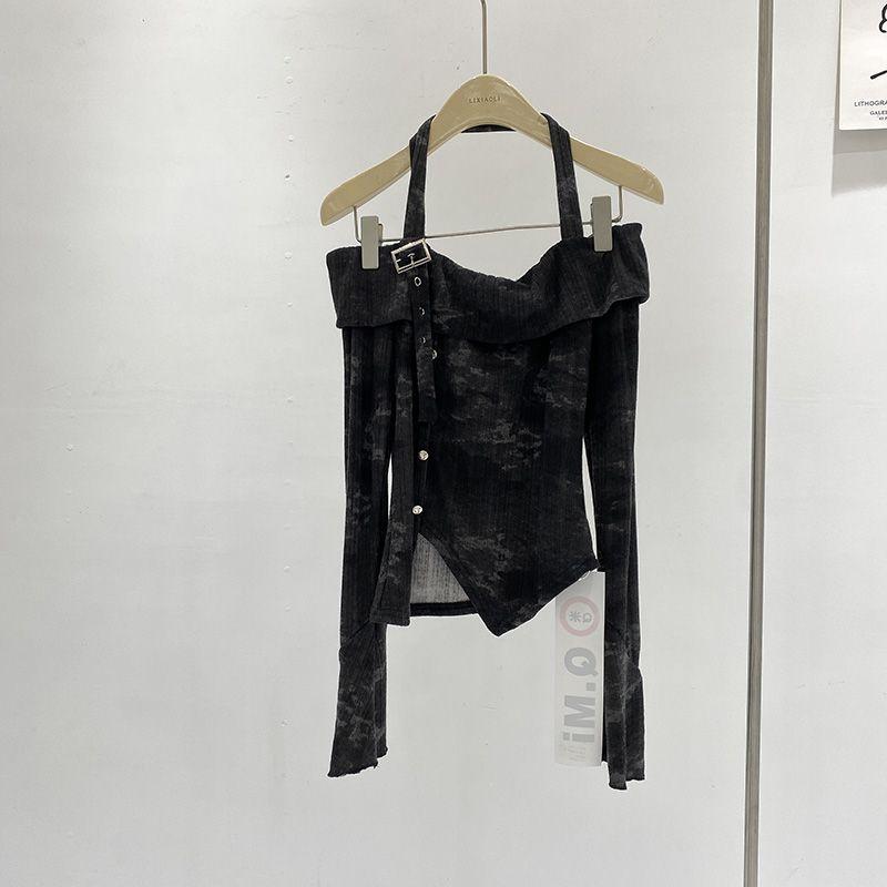 

Гаряча дівчина з відкритими плечима, футболка з довгим рукавом, що зав язується на шиї, для жінок, нова нішева, приталена та облягаюча коротка майка S чорний