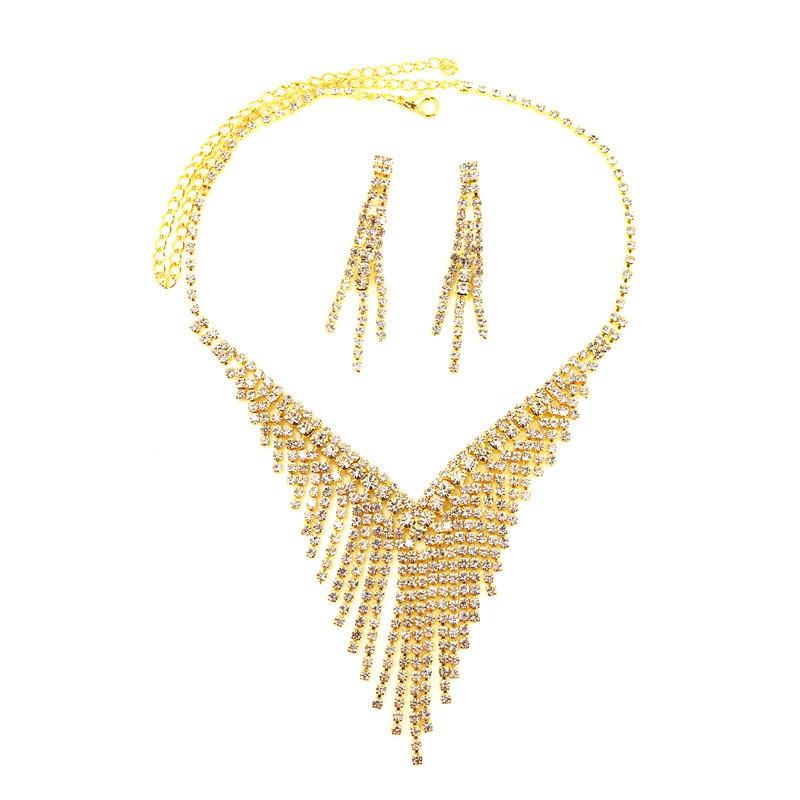 Stylish Multi-Layer Fringed Rhinestone Necklace Earrings Jewelry Set, Bridal Wedding Ladies Two-Piece Set