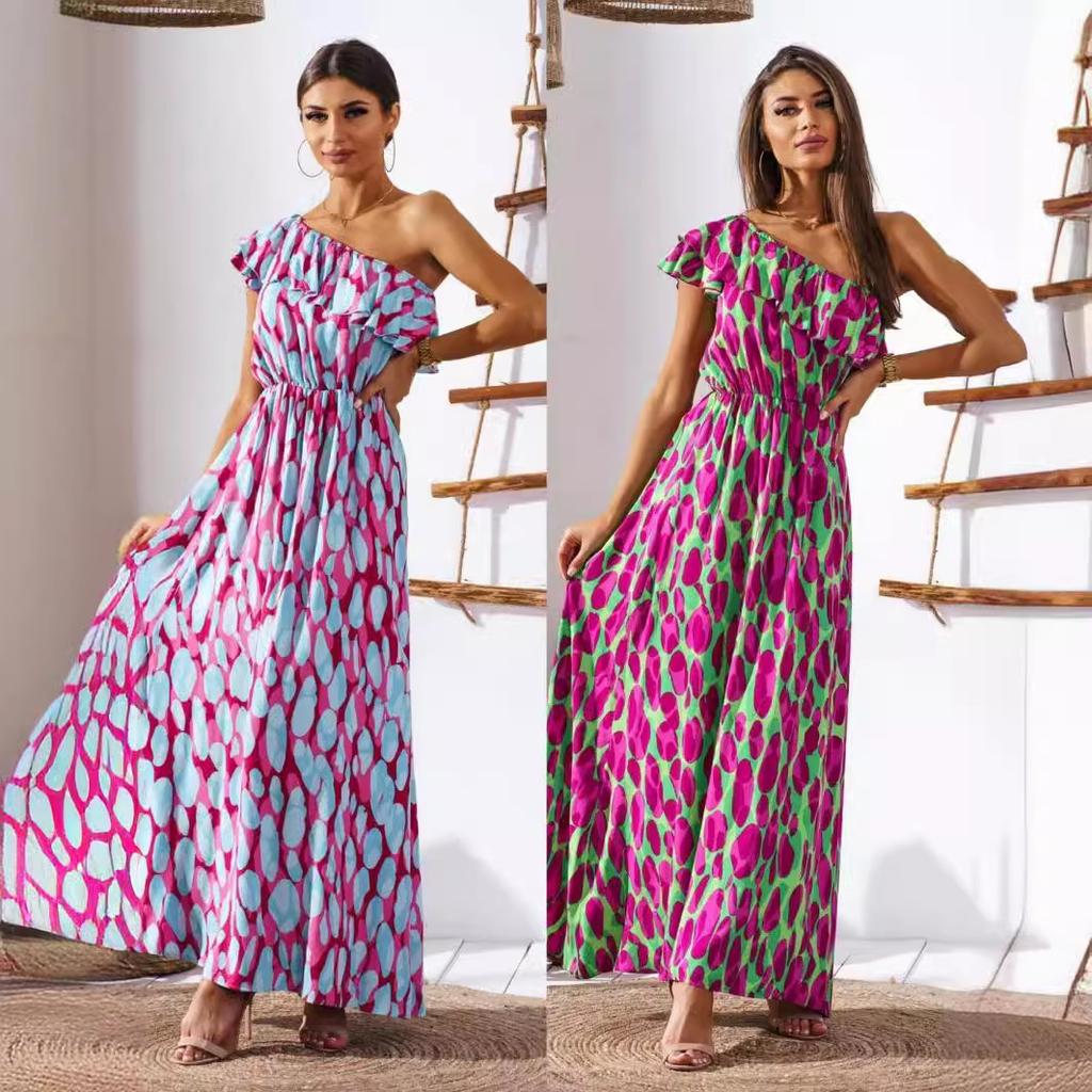 European and American Summer New Waist Off-the-shoulder Printed Long Casual Dress for Women