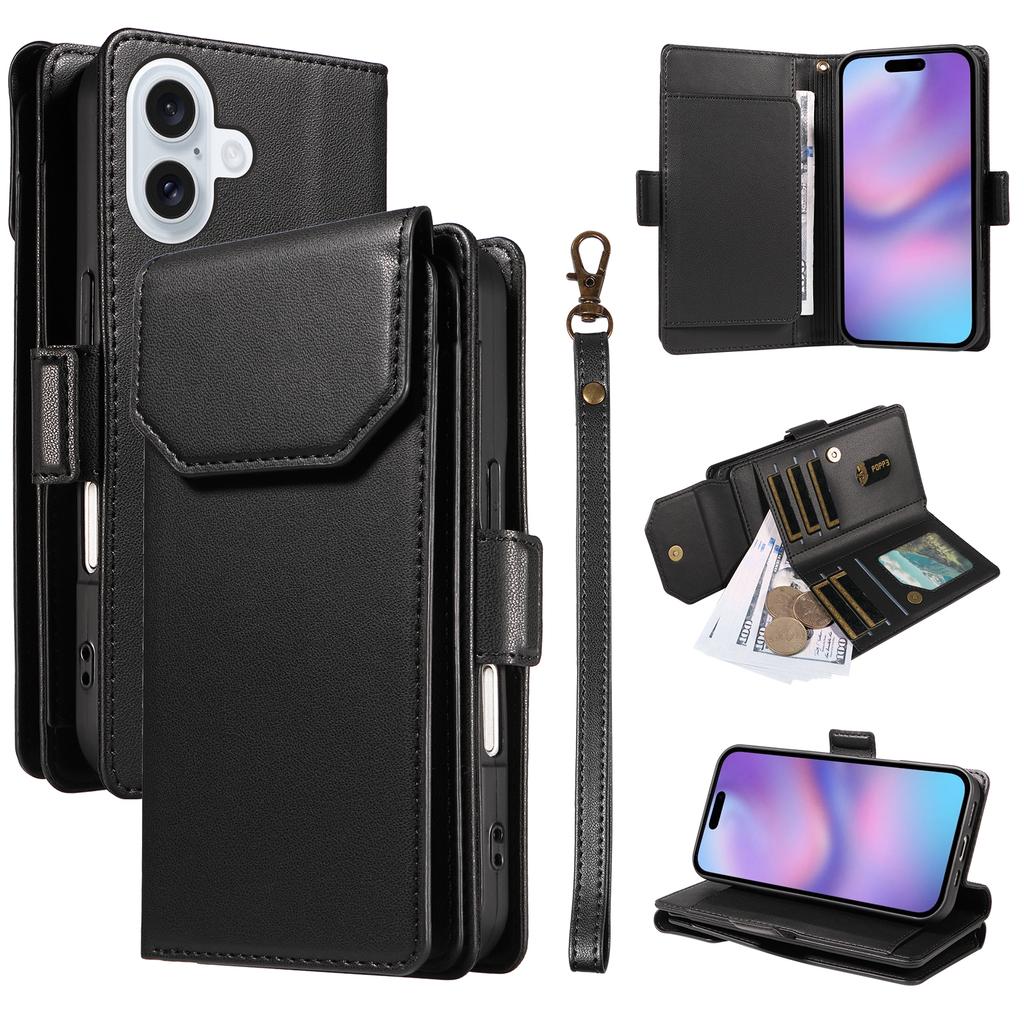For iPhone 17 Case with Multi-Card Holder and Strap PU Leather Phone Cover Stand