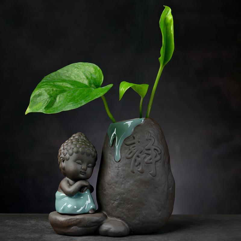 DXUIALOI Neu Chinesisch Kreativ Hydrokultur Pflanzen Chrysantheme Kupfer Geld Blumentopf Vase Zen Keramik Handwerk Heimdekoration