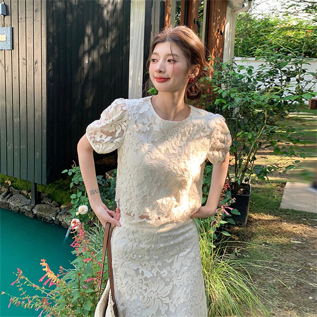 Luxury Temperament Beige Embroidery Lace 2 Piece Dress Sets Women Elegant Embroidery Crop Top and Midi Skirt Suits Outfits Female