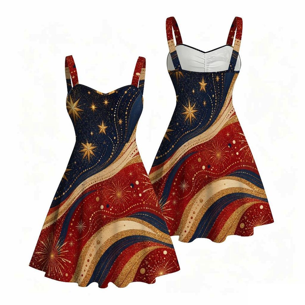 Women Plus Size Spaghetti Strap Off Shoulder Dress Glitter Wave Star Firework Holiday Print Swing Dress