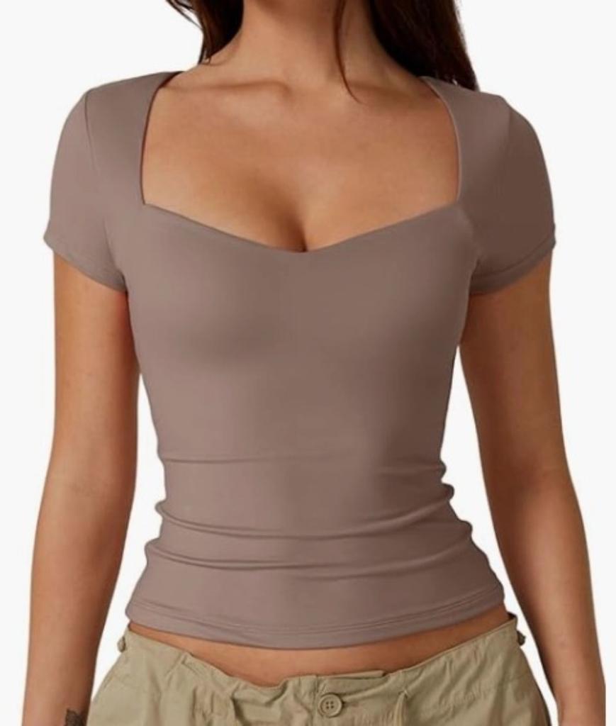2026 Women's Heart-Shaped Neck Short Sleeve T-Shirt Women's Solid Color Slim Fit Basic Fashion Show