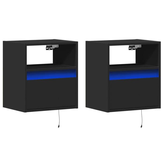 VidaXL Tables de chevet murales avec lumières LED 2 pcs noir, table de chevet flottante, support de téléphone, table de 3307978