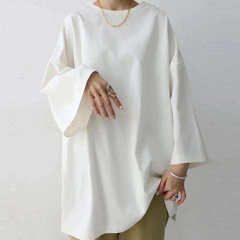 Women's Solid Color Round Neck Loose T-Shirt Simple Split Long Sleeve Plus Size Top