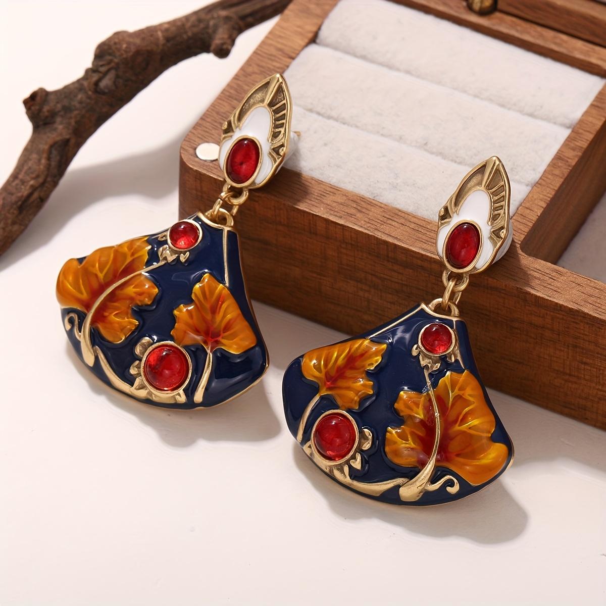 

[Golden Earrings] 18K Golden Plated Elegant Geometric Fan-Shaped Oil Painting Earrings for Women | Sterling Silver Posts, Red & Orange Floral Design,