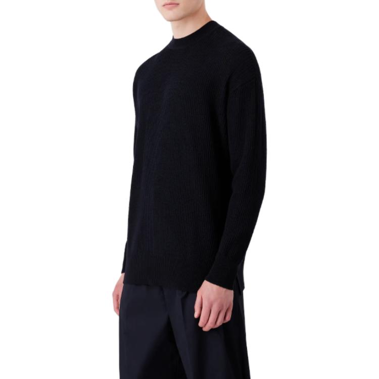 Emporio Armani FW23 Solid Color Crew Neck Ribbed Knit Casual Sweater Men sweater Black 6R1MX2-1MAXZ-0920
