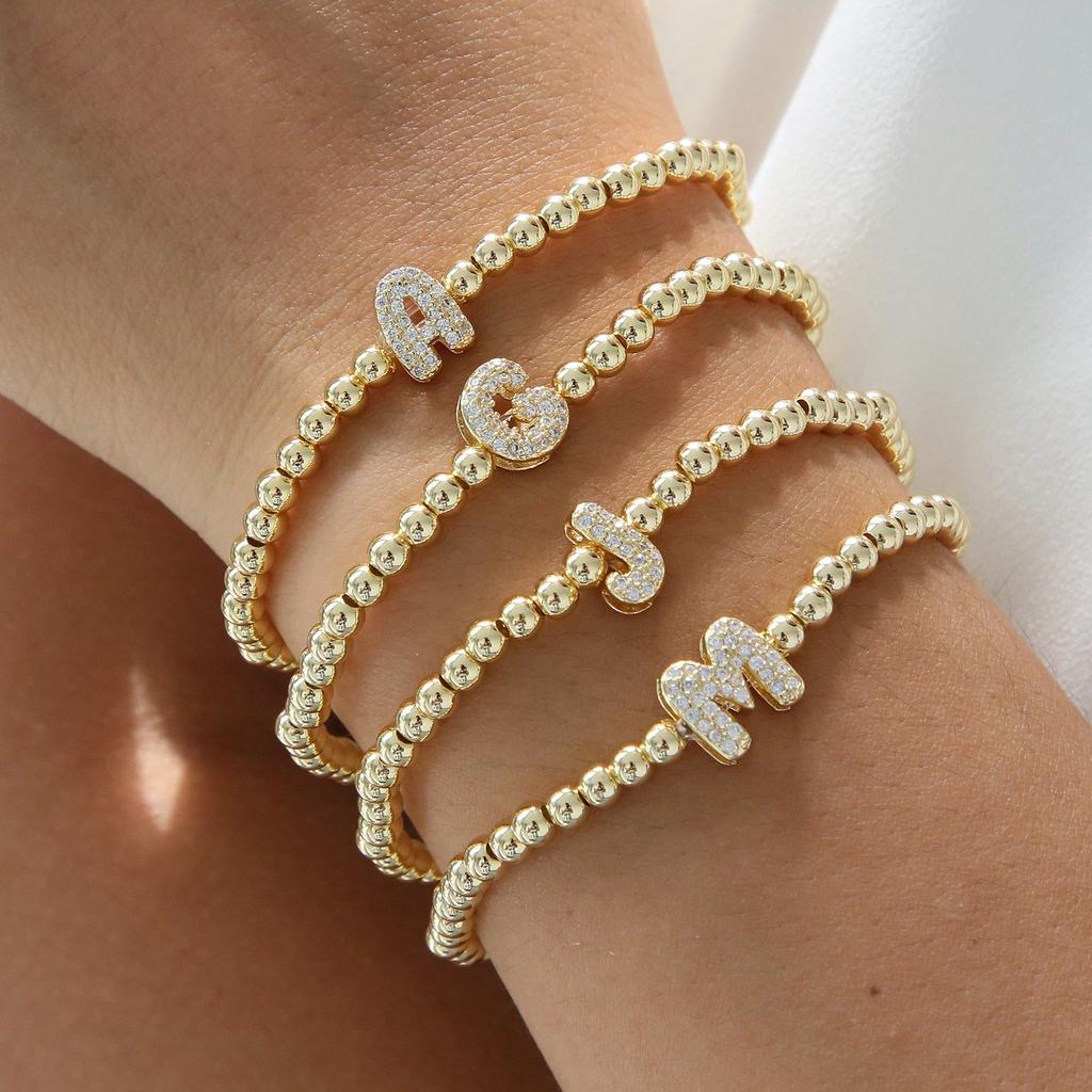 One Piece Plated Micro Pave CZ Bubble Ball A-Z Initial Beaded Elastic Cord Bracelet Women's Simple Bracelet Jewelry Gift