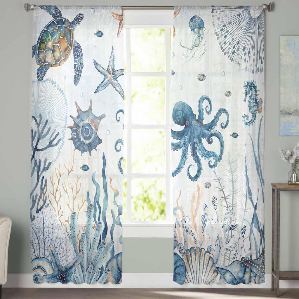 Cortinas transparentes de tule para janela de estrela do mar, vida marinha, verão, para sala de estar, quarto, hotel, decoração de luxo
