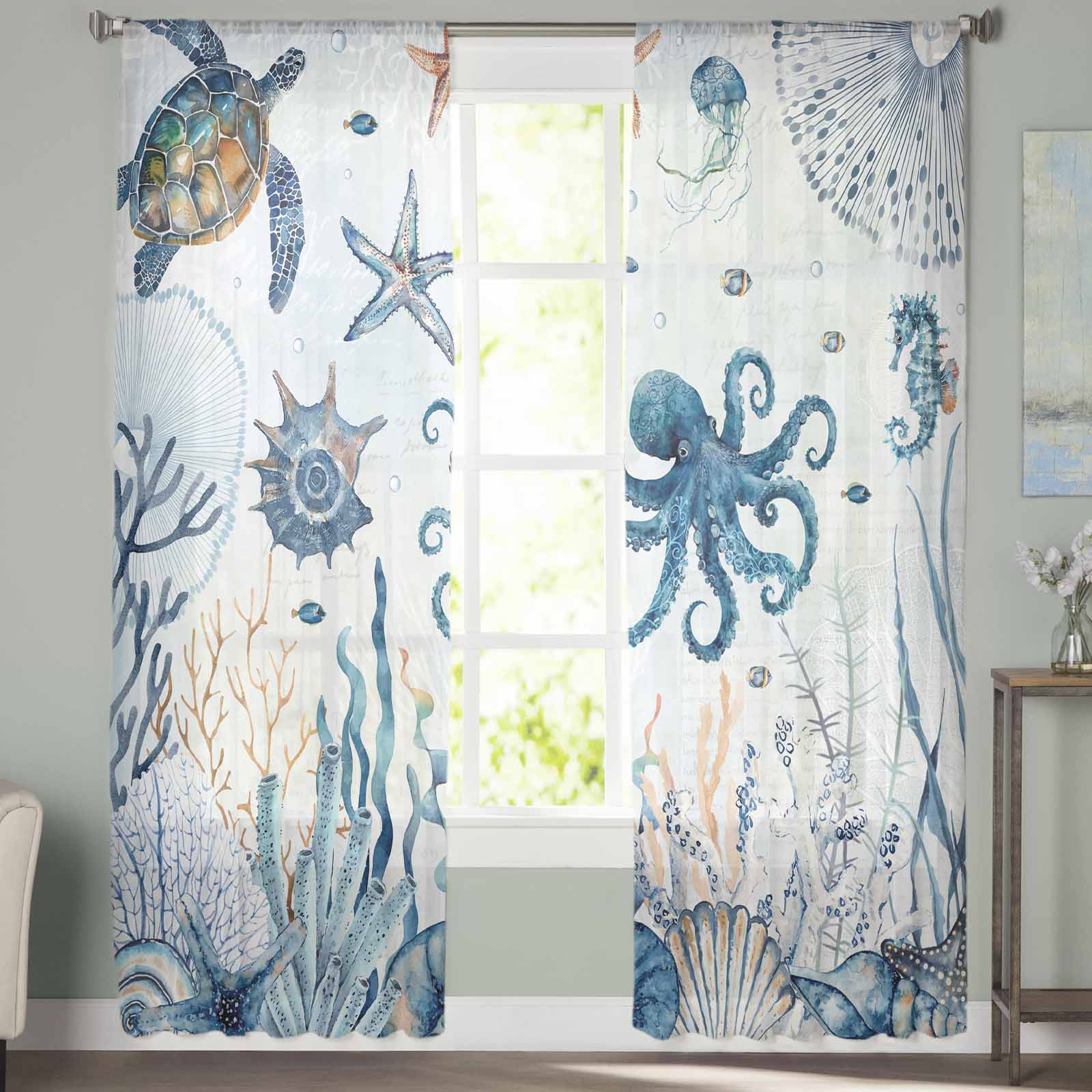 Летние шторы из тюля для окон с изображением морской звезды и морской жизни для гостиной — фото 3