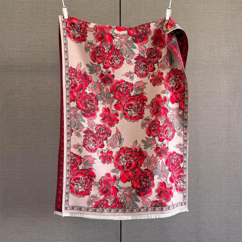 Autumn and Winter Retro Style New Full Print Peony Jacquard Scarf Women's Versatile Warm Scarf Multi-functional Shawl