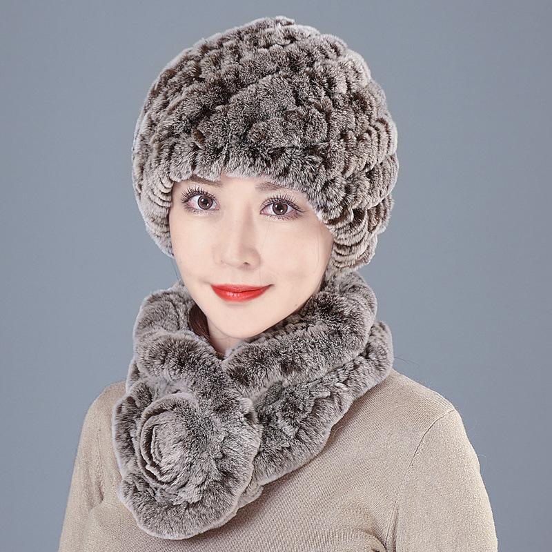Middle-aged Rex rabbit hair hat female autumn and winter warm elderly grandmother ear protection fur mother wool scarf