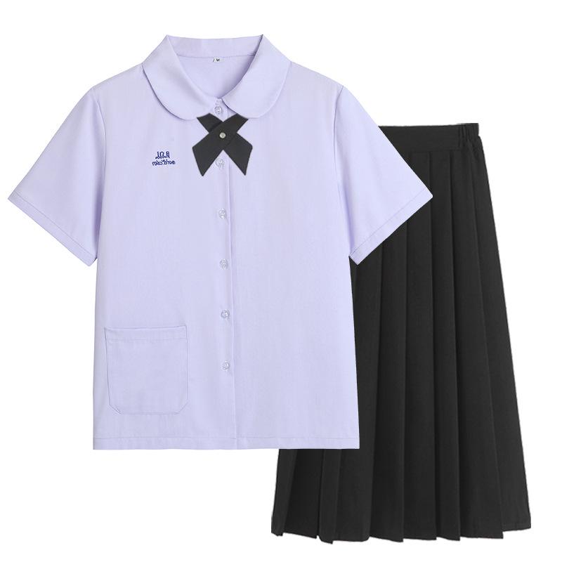 Thai Style Girls' Short/Long Sleeve School Uniform Shirt with Embroidered Badge for JK High School Students