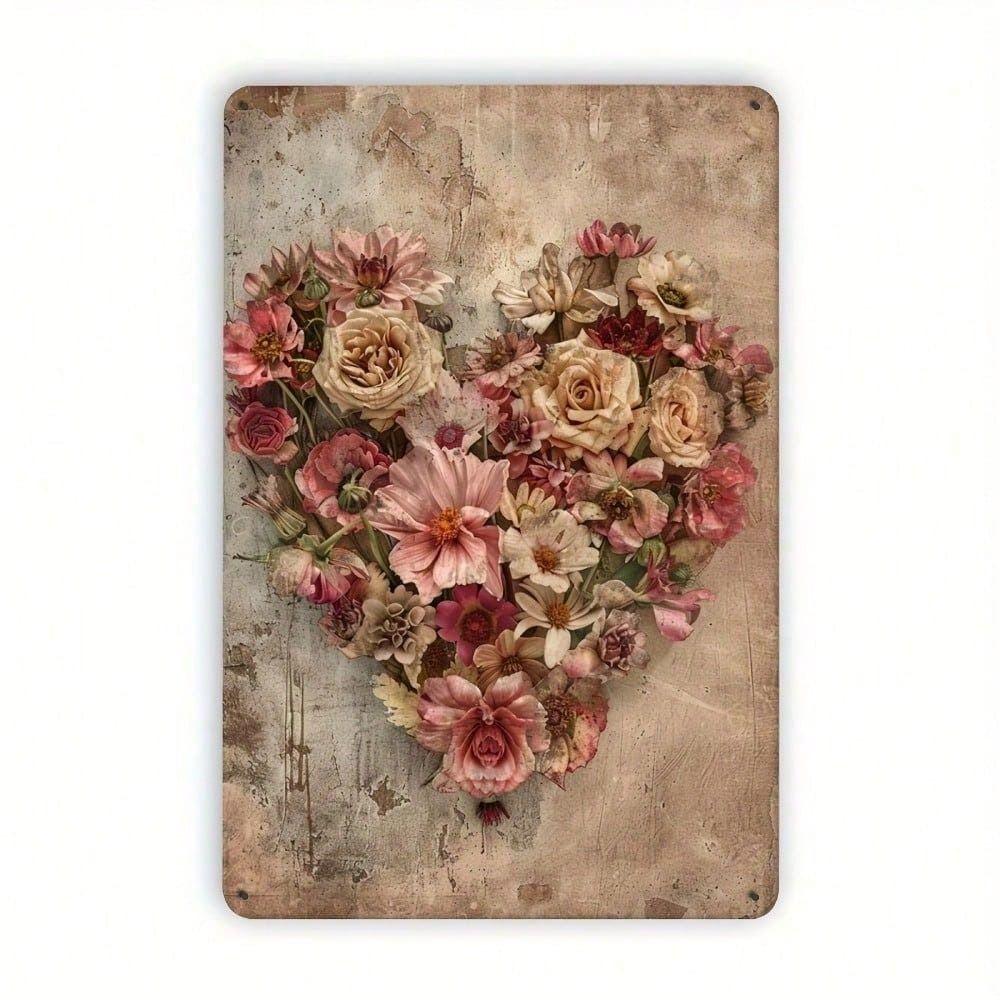 Vintage Metal Poster Heart Flower Wall Art Home Decor
