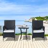 3 Pieces Rattan Bistro Set, Wicker Garden Furniture Set with 2-Tier Coffee Table and Chairs, Cushions, for Outdoor Patio Balcony, Black