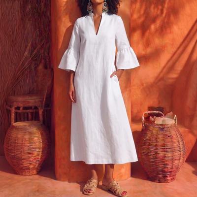 2026 Summer New European and American Style Linen V-neck Bubble Sleeve Dress Women's Casual Vacation Dress