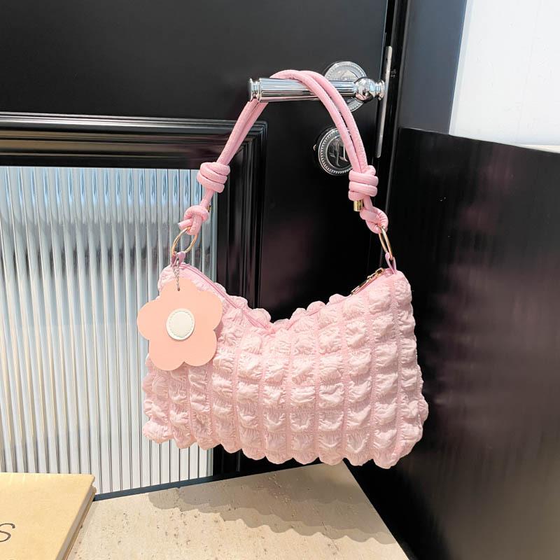 Women's Bubble Texture Round Cylinder Bag, Korean Style Floral Shoulder Handbag, Soft Lunch Tote with Zipper Closure