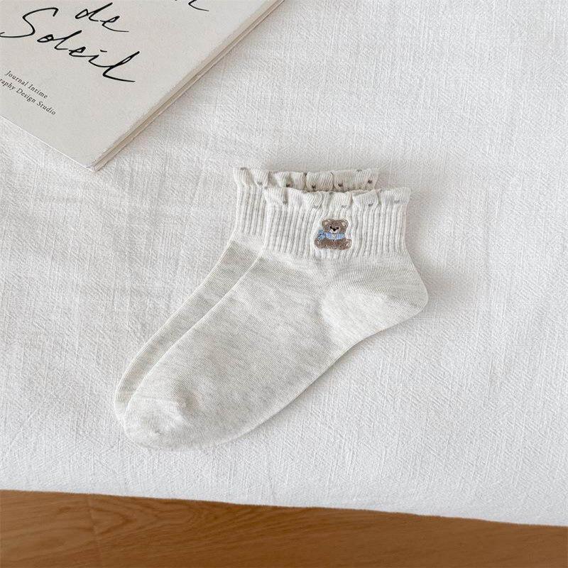 White Ruffle Socks with Japanese Cartoon Heart Embroidery - Spring/Summer Collection for Girls