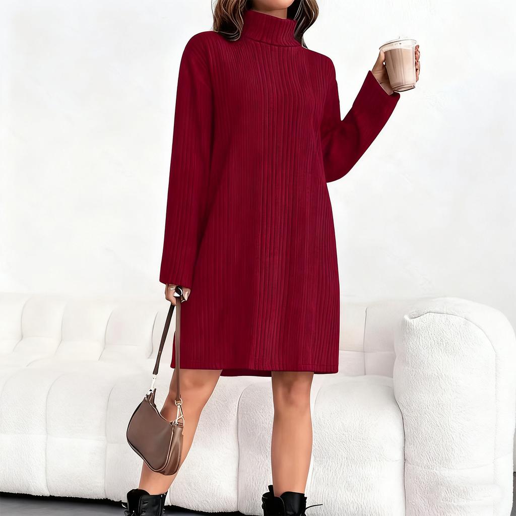 Women's Loose And Comfortable Warm Ribbed High-Neck And Long Sleeve Dress
