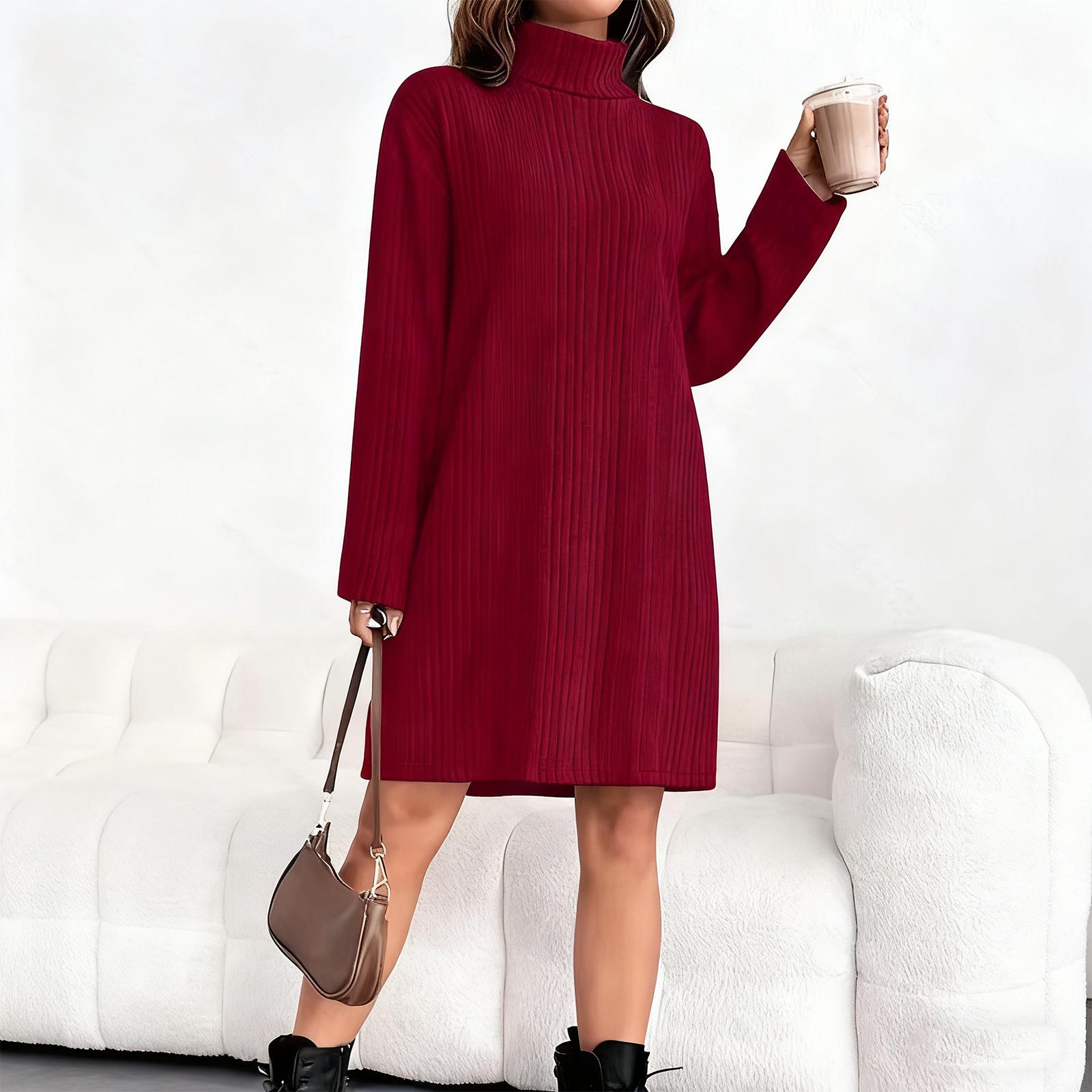 

Women s Loose And Comfortable Warm Ribbed High-Neck And Long Sleeve Dress XL