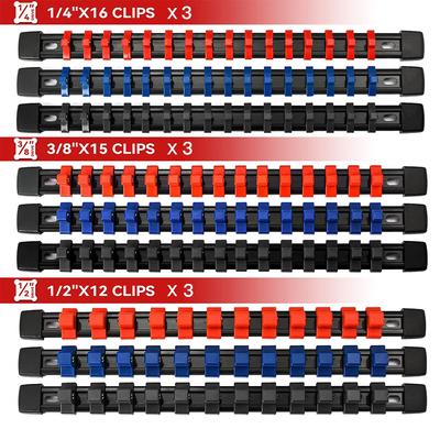ABS Socket Organizer 1/2 Inch 3/8 Inch and 1/4 Clip Drive Socket Rail Holders Heavy Duty Socket Racks  with Red Blue Black Clips