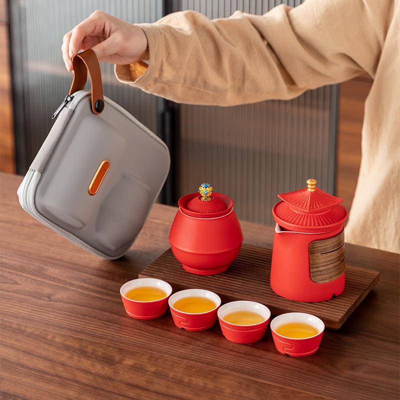 Forbidden City suet jade porcelain kung fu travel tea set, one pot and four cups of business commemorative high-end souvenir