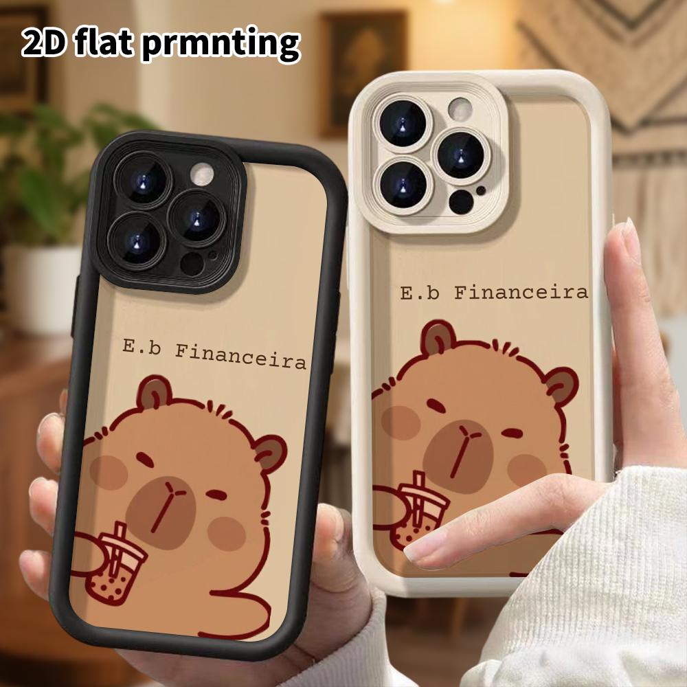 Phone Case: 2D Flat Design Suitable for iPhone 18 17 16 15 14 13 Pro Stepped Protective Case, Drinking Milk Tea Capybara, Christmas and Halloween Gift