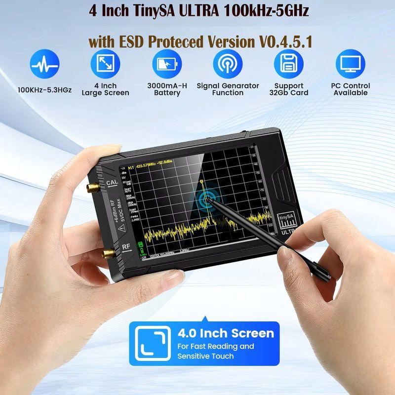 TinySA Ultra - 4 Inch Handheld Spectrum Analyzer 100kHz-5.3GHz RF Signal Generator With 32GB Card Type-C Portable RF Analyzer