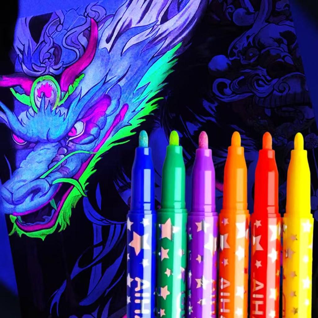 6Pcs Luminous Highlighter Pens Glow In the Dark Markers Fluorescent Pen for Art Drawing Painting Creative DIY Craft