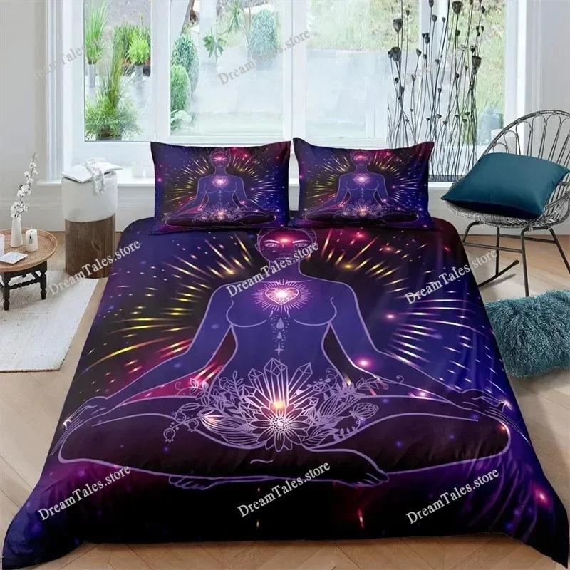 Funda nórdica de meditación de chakras bohemios, juego de cama de yoga con temática relajante, funda de edredón de loto con mandala exótico, decoración para dormitorio tamaño king